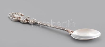 Ezüst (Ag) kanál Szent Lászlót ábrázoló markolattal, h: 11 cm, jelzett, nettó 16,9g