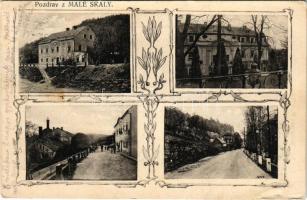1915 Malá Skála, Kleinskal, Malé Skály; multi-view postcard with castle, street view. Art Nouveau, floral (wet corner)