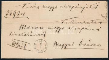 1876 Levél Turócz megye alispánjától a Moson megyei alispánnak küldve, bélyeg nélkül, tartalommal, "TURÓCZ-SZ.-MÁRTON" (regiszterhajtás / folded)