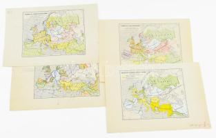 4 db történelmi Európa-térkép: Európa Attila halála után 470 táján; a VII. század derekán; a IX. század első felében; 1015-ben. Változó állapotban, néhány ceruzás feljegyzéssel, 17x25 cm körül.