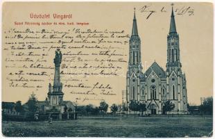 1909 Vinga, Piac tér, római katolikus templom, Szentháromság szobor. W. L. Bp. 202. / square, church, monument + "ARAD - TEMESVÁR" vasúti mozgóposta bélyegző (EB)