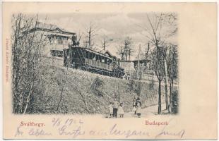 1902 Budapest XII. Svábhegy, fogaskerekű vasút megállóhelye vonattal, vasútállomás. Divald Károly kiadása (kis szakadás / small tear)