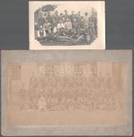 cca 1910-1915 Osztrák-magyar katonai csoportkép tüzérekkel, szakáccsal, kartonra kasírozott fotó, kissé viseltes, foltos, 11,5x21,5 cm, karton: 15,5x23,5 cm + Katonák és civilek csoportképe, fotólap, 9x14 cm