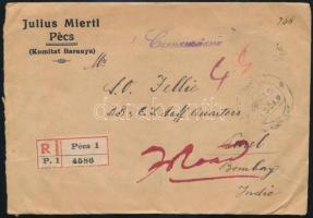 1921 Ajánlott levél 3 db bélyeggel Indiába, cenzúrázva (Julius Miertl) / Registered cover to Bombay