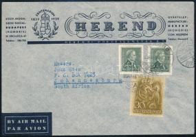 1938 Herendi porcelángyár céges levél ajánlott küldeményként Dél-Afrikába küldve / Business airmail cover to South-Africa