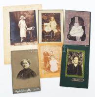 cca 1900-1930 Régi családi képek, portrék, 6 db keményhátú és kartonra kasírozott fotó, változó méretben és állapotban, max. 24,5x16 cm-ig