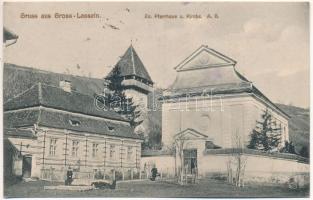 1917 Szászszentlászló, Gross-Lasseln, Laslea; Ev. Pfarrhaus Kirche A. B. Verlag von Joseph Briegel / evangélikus templom és plébánia / Lutheran church and parish + "Mob. Etappenskommandantur Nr. 168." + "Deutsche Feldpost" (EK)
