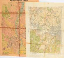 1940 Budapest északi részének térképe, 1 : 75.000, M. Kir. Honvéd Térképészeti Intézet, sérülésekkel, kissé foltos, ragasztott, 46x60 cm + Budapest legújabb térképe, felelős kiadó: Stoits György, hátoldalán utcajegyzékkel, sérült, ragasztott, 62,5x49 cm