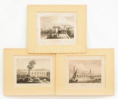3 db vasút témájú metszet, : ca 1840-1860 London - Greenwich vasút, Gotha vasúti híd, Der Eisenbahn-Viaduct Über Die Lagunen Nach Venedig. [Velencei vasúti híd] rézmetszetek. Kb 11x15 cm Paszpartuban.