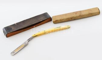 Fritz Bracht Solingen borotva, tokjában, fenővel, borotva nyitva h: 23,5 cm