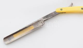 Fritz Bracht Solingen borotva, tokjában, fenővel, borotva nyitva h: 23,5 cm