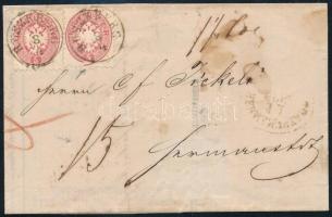1864 2 x 5kr számlalevélen, 1 1/4L, 15kr portóval, 5kr okmánybélyeggel "RUSZKBERG" - Hermanstadt