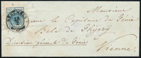~1855 9kr HP I. több látványos lemezhibával "NESZMÉLY", piros "WIEN" érkezési bélyegzéssel / 9k HP I. with plate flaws on cover