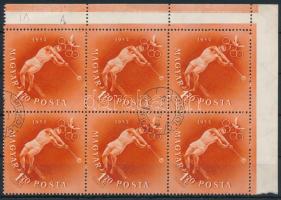 1952 Olimpia I. - Helsinki 1,70Ft ívsarki hatostömb az "A" betű szárán folt lemezhibával, a lemezhibás bélyeg számvízjellel. Legfeljebb 1-2 példány létezhet!