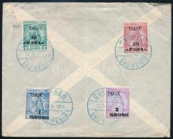 1914 Levél Ausztriából Albániába, 4 db albán portóval, kék bélyegzéssel / Cover from Austria to Albania with Albanian postage due stamps with blue cancellations