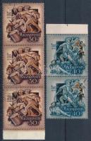 1953 II. Rákóczi Ferenc 30f hármascsík + 40f pár ferdén visszaforrasztott csillaggal a vízjelben