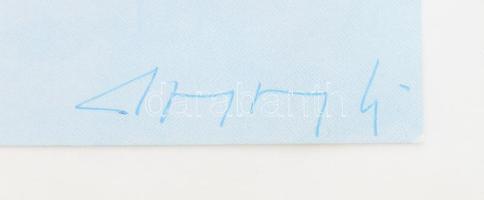 Azonosítatlan jelzéssel: Absztrakt alkotás. Ofszet, papír, jelzett, üveg klipsz keretben 16x21 cm