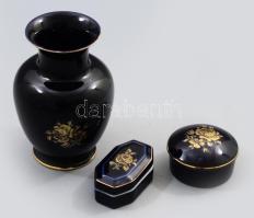 Hollóházi kobaltkék festésű váza és 2 darab ékszertartó edény, jelzett, hibátlan, m: 14,5 cm