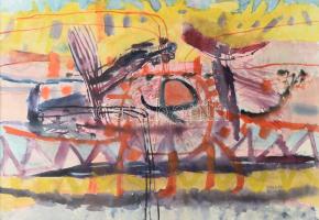 Misch Ádám (1935-1995): Út mentén (cím nélkül), 1965. Akvarell, papír, jelezve jobbra lent: Misch 14 10 65. 34x49 cm. Misch Ádám 1965-ben végzett az Iparművészeti Főiskolán, ezen alkotása az életmű egyik korai absztrakt darabja!! Üvegezett fakeretben. / Adam Misch (1935-1995): Along the road (untitled), 1965. Watercolour on paper, signed lower right. Framed. 34x49 cm.