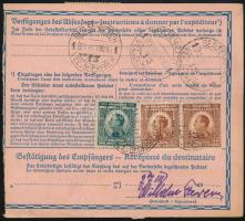 1925 Csomagszállító 3 db bélyeggel és 1 okmánybélyeggel / Parcel card with 3 stamps and 1 fiscal sta...