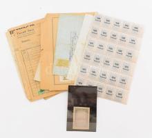 Okmánybélyeg összeállítás, postatiszták és dokumentumon. Közöttük fázisnyomat, fél ív, egyéb érdekességek