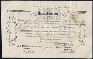 1855 Hosszabbítvány a Tiszavidéki kölcsönös tűzkárvédlet. Miskolcon kiállítva, 3kr CM illetékbélyeggel. Ritka!