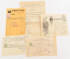 ca 1900-1920 Kassa 5 db klf fejléces számla, kereskedőktől, iparosoktól, közötte egy gyógyszertári is