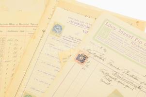 ca 1880-1920 Kb 50 db Miskolc, Kassa környéki okmánybélyeges okmány, számla, stb kereskedőktől, ipar...