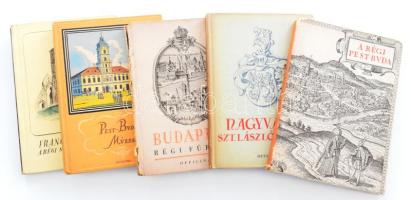 Officina Képeskönyvek sorozat 5 kötete: A régi Pest-Buda. Egykorú képes és leírások. Összeáll.: Trencsényi-Waldapfel Imre.; Széll Sándor: Nagyvárad. Szent László városa.; Medriczky Andor: Budapest régi fürdői.; Pest-budai múzsa. Összeáll.: Trencsényi-Waldapfel Imre.; Sőtér István: Francia szellem a régi Magyarországon. Bp., 1937-1943, Officina. Kiadói kartonált papírkötés, változó állapotban.