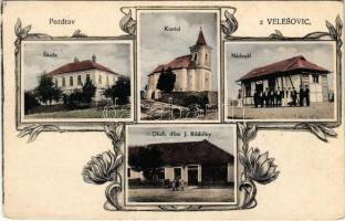 1944 Velesovice, Welspitz; Skola, Kostel, Nádrazí, Obch. dum J. Ruzicky / school, church, railway station, publisher's shop. Art Nouveau, floral (worn corners)