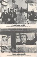 cca 1989 előtt készült, "A francia hadnagy szeretője" című angol film jelenetei és szereplői, 11 db produkciós filmfotó (vitrinfotó, lobbyfotó) nyomdatechnikával sokszorosítva kartonpapírra, egyoldalas nyomással, a használatból eredő (esetleges) kisebb hibákkal, 18x24 cm