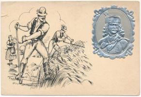 Aratás. Irredenta művészlap. Szeiler féle Patent fémplaketten II. Rákóczi Ferenc. Szeiler József dombornyomása / Hungarian irredenta art postcard. Emb. metallic Francis II Rákóczi s: Zsolt (szakadás / tear)