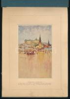 cca 1930 Budapest, album 12 db színes képpel (Budavári Palota a Tabán felől, Parlament, Mátyás-templ...