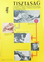 1963 Tisztaság a legjobb védekezés fertőző bélbetegségek: a hastifusz, a vérhas, a fertőző májgyulladás és a bélhurutok ellen. Egészségügyi felvilágosító plakát, kis lapszéli szakadással, 68x48 cm