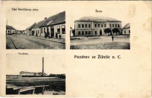 1913 Zizelice, Zizelitz; Cast Havlíckovy ulice, Skola, Továrna / street view with the publisher's shop (Jos. Liska), school, factory (fl)