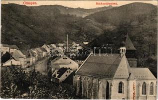 1916 Krupka, Graupen; Mückentürmchen (Komárí vízka) / general view, church, mountain with tower (EK)