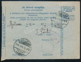 1919 Utánvétes csomagszállító magyar-horvát vegyes bérmentesítéssel / COD parcel card with Hungarian...