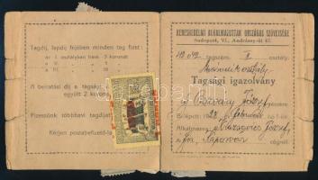 1928-31 Kereskedelmi Alkalmazottak Országos Szövetsége tagsági igazolvány, nagyon sok bélyeggel