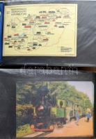 Kb. 400 db MODERN, összesen 41 magyarországi, 8 határon túli, jelenleg is működő és időközben megszüntetett kisvasút jármű sorozat állomásai, budapesti Gyermekvasút történelmi járművei, átfestések, 4 db levél berakó albumba rendezve, dobozban / Cca. 400 modern railway postcards organized in 4 albums, in a box