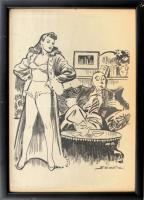 Sebők jelzéssel: Ledér hölgy és az olvasó úr. Ceruza, papír, jelzett, üvegezett fa keretben, 29,5x20,5 cm