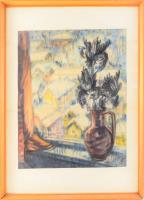 Fancsikné Csaba Mária (1935-2017): Téli csendélet (tájjal). Akvarell, papír, jelzett, üvegezett fa keretben, 51x40 cm