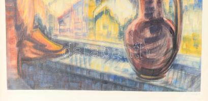 Fancsikné Csaba Mária (1935-2017): Téli csendélet (tájjal). Akvarell, papír, jelzett, üvegezett fa k...