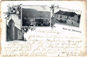 1901 Mikulov, Niklasberg; Kirche, Gasthaus zum blauen Stern / church, general view, inn. Art Nouveau, floral (b)