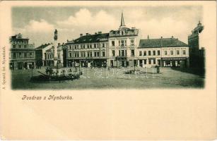 Nymburk, Nimburg, Neuenburg an der Elbe; main square with pharmacy, shops of Rygl, Zwatlík &amp; Strachota. A. Spoutil Fot. (fa)