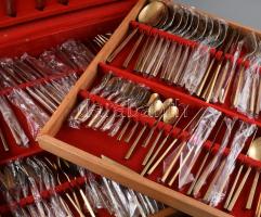 144 részes thaiföldi bronz evőeszköz készlet, jelzett, rózsafa díszdobozban