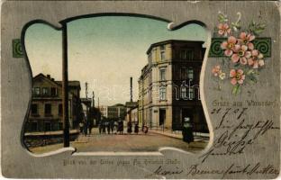 1907 Varnsdorf, Warnsdorf; Blick von der Union gegen Fa. Heinrich Stolle / street view. Art Nouveau, floral frame (fa)