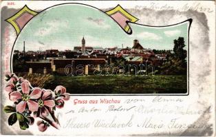 1902 Vyskov, Wischau; general view. Verlag R. Sidlo. Art Nouveau, floral litho frame (EK)