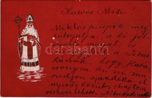 (Vorläufer) Szent Miklós püspök, dombornyomott Mikulás üdvözlőlap / Saint Nicholas greeting art postcard. Emb. litho (felületi kopás / worn surface)