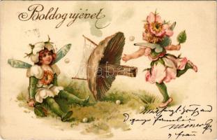 1904 Boldog Újévet! Tündérek asztaliteniszeznek, gomba, pókháló / New Year greeting art postcard, fairies playing ping-pong (table tennis) with leaves as rackets and mushroom as table with spiderweb net. litho (EK)
