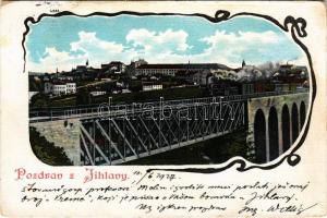 Jihlava, Iglau; railway bridge with locomotive, train. Art Nouveau frame (worn corners)